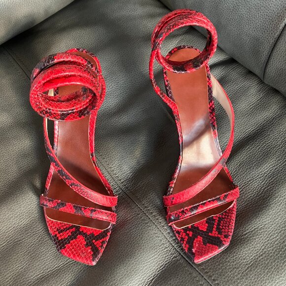 Stuart Weitzman Beatrix 100 Red Black Python Wrap Heel Sandal Size 12B - Picture 1 of 6